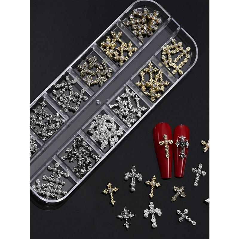 12Grids/Box Y2K Cross Mixed Style 3D Nail Art Rhinestone,Punk Gothic Alloy Cross Nail Decoration,Mixed 3D Nail Art Decoration For Manicure Supplies