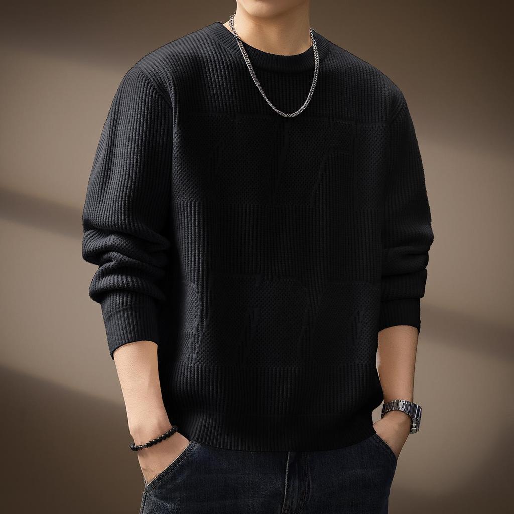 Men's Plus Size Retro Textured Sweater - Thickened Round Neck Pullover for Autumn/Winter
