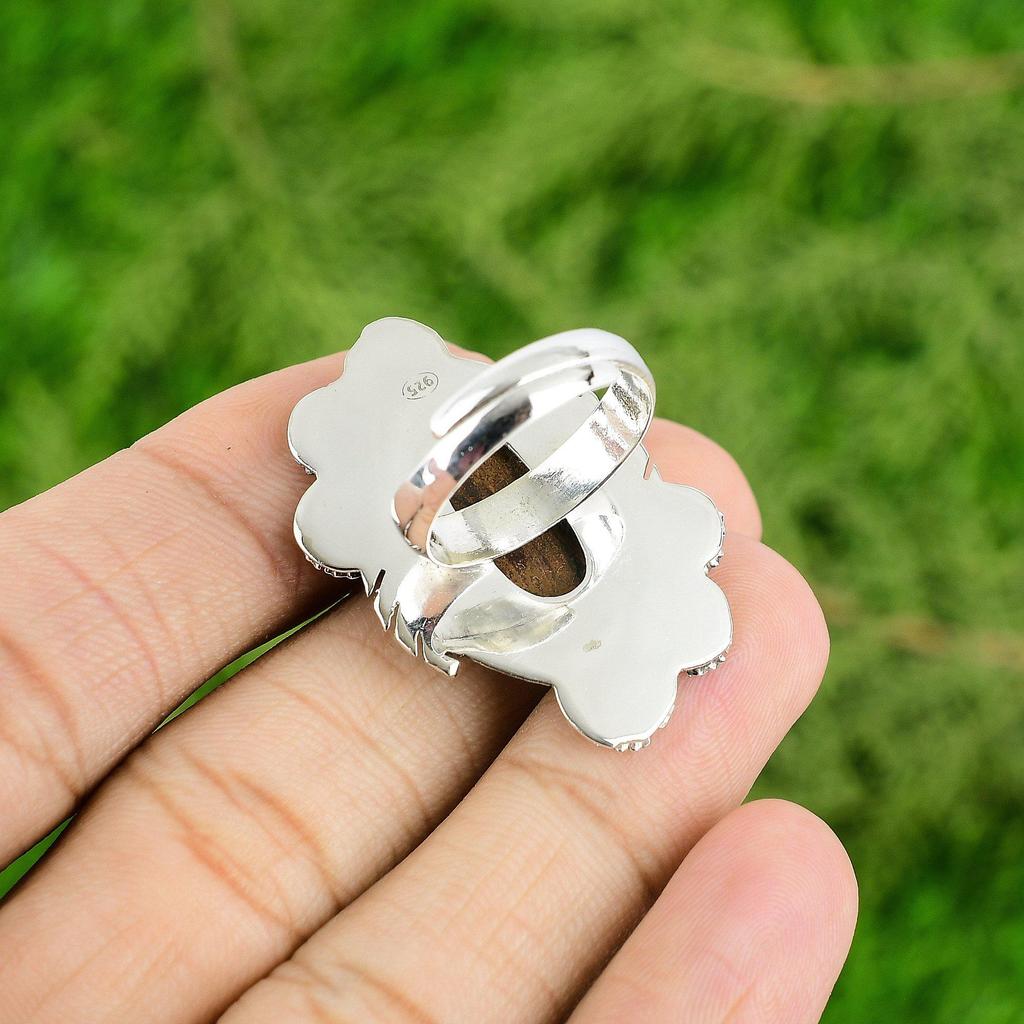 Natural Golden Pietersite Multi Stone Flower Adjustable Ring 925 Silver