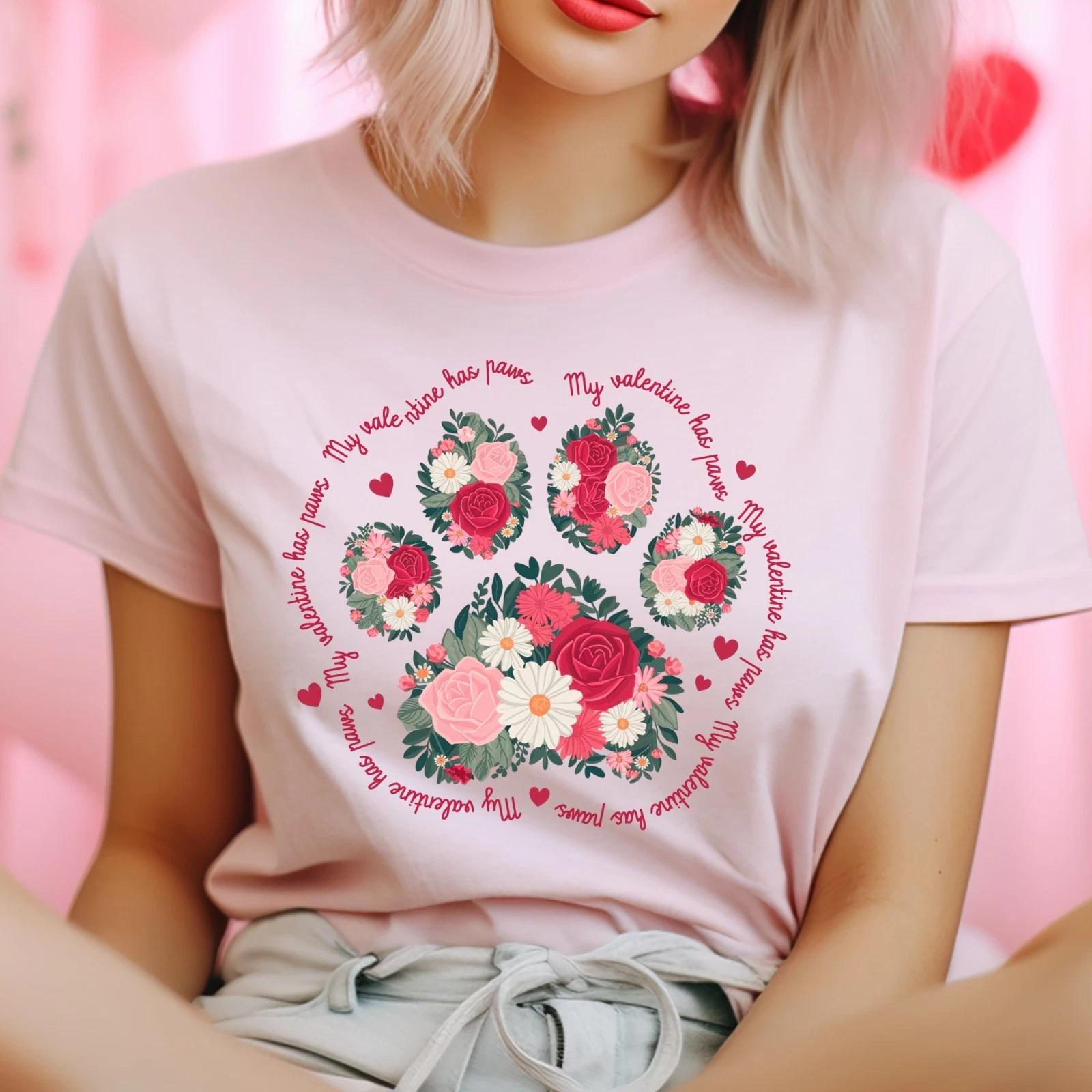 My Valentine Has Paws Floral T-Shirt, Dog and Cat Lover Gift for Valentine s Day XL