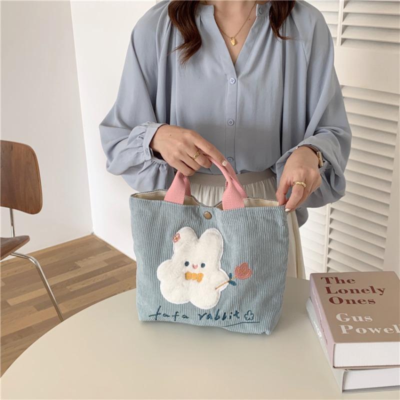 1 Cute cartoon rabbit embroidered canvas bag corduroy tote bag schoolgirl commuting bento bag
