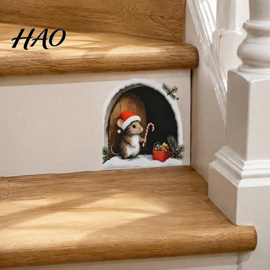 Waterproof PVC Winter Wall Art Christmas Mouse Sticker, Hole Decal, Peel Creative Holiday Gift for Friends And Stick Decor Home Party Festive