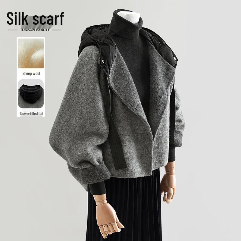 Women s Hooded Merino Wool & Silk Double-faced Coat L