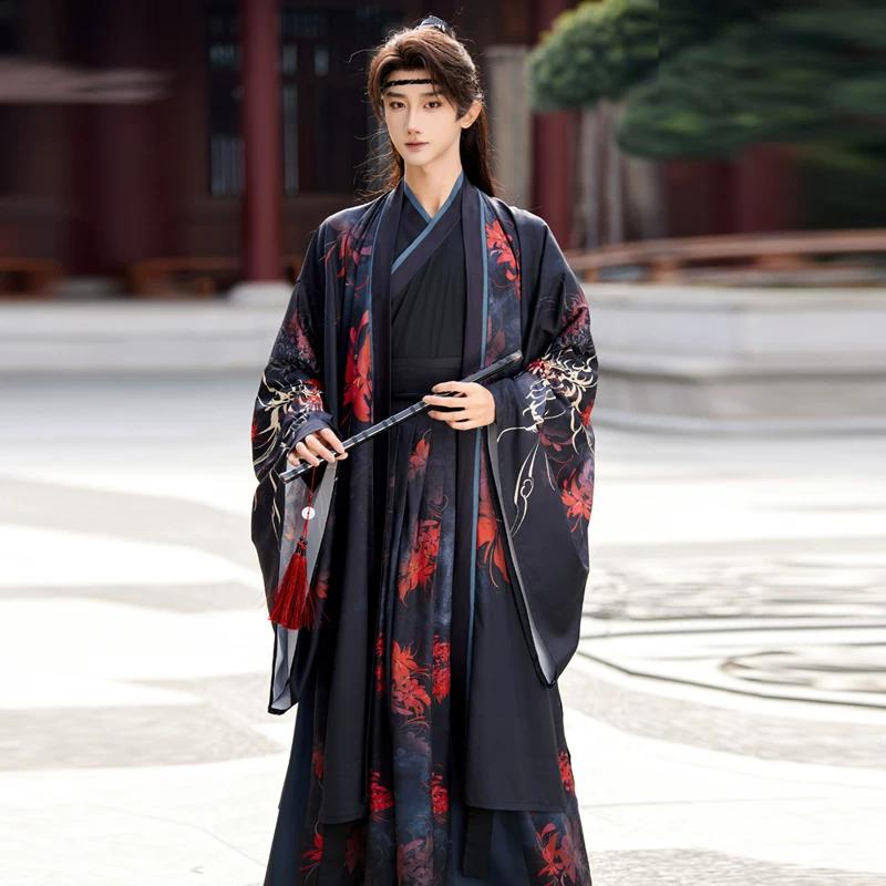 Herren Hanfu-Set im Wei-Jin-Stil, Schwarz & Rot mit Spinnenlilien-Print, Schwertkämpfer-Kostüm für den täglichen Gebrauch & Cosplay