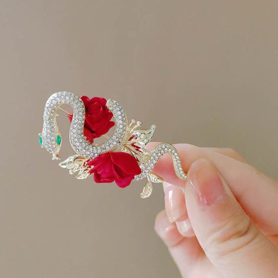 Suit Coat Brooch Shiny Rhinestones Snake Shape Pin with Rose Flower Decor Sweaters Hats Bags Badge Daily Wear Parties Accessory