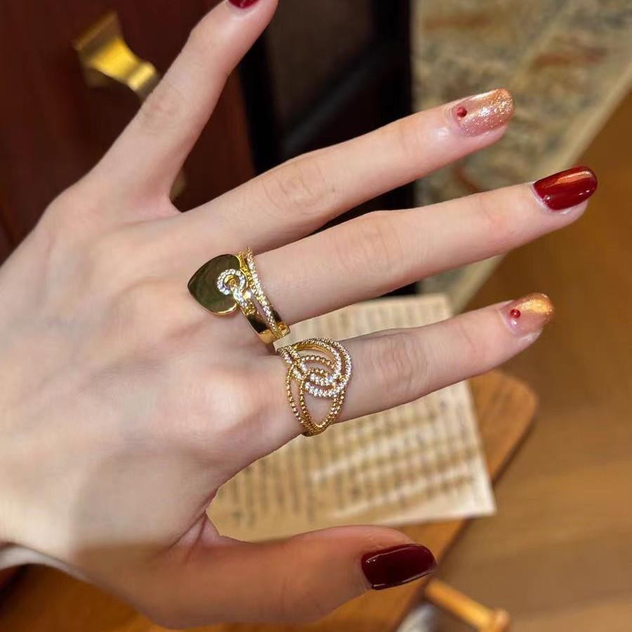 Simple and exquisite gold double ring love micro-inlaid sparkling diamond ring women's thousand gold wind light luxury high-end index finger ring