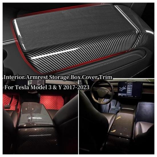 Fit Tesla Model Y - Carbon Fiber Interior Armrest Storage Box Cover Trim