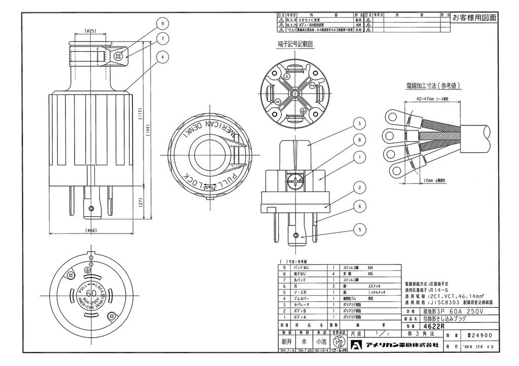 American Denki 4622R Hook-and-Loop Rubber Plug, Grounded, 3-Pin, 60A, 250V