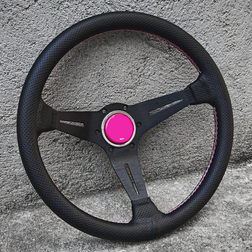 JDM Univerzální 14palcový kožený volant Modifikovaný sportovní volant pro auto Růžové prošívání