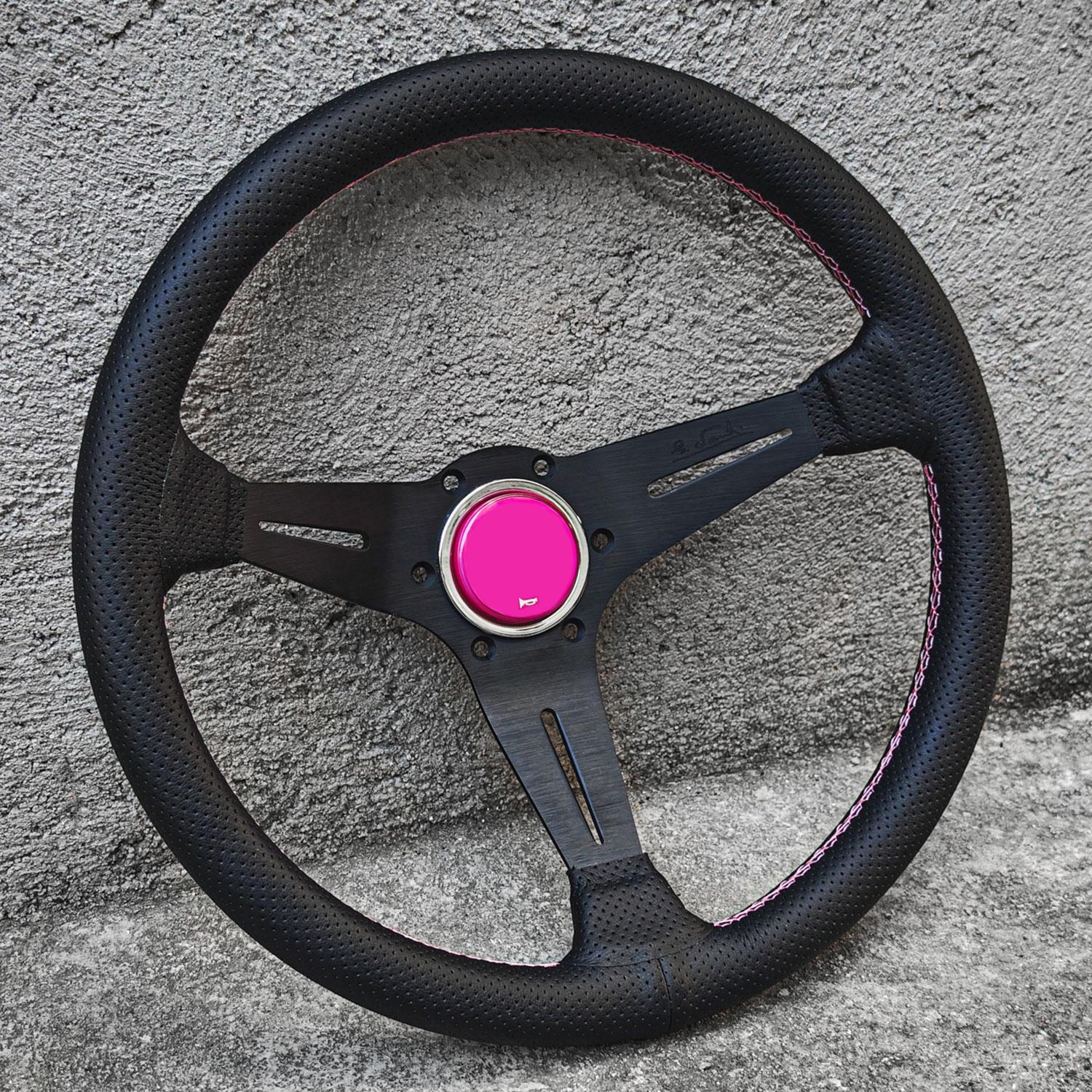JDM Universal 14inch Leather Steering Wheel Modified Car Sports Steering Wheel Pink Stitching Nar-i