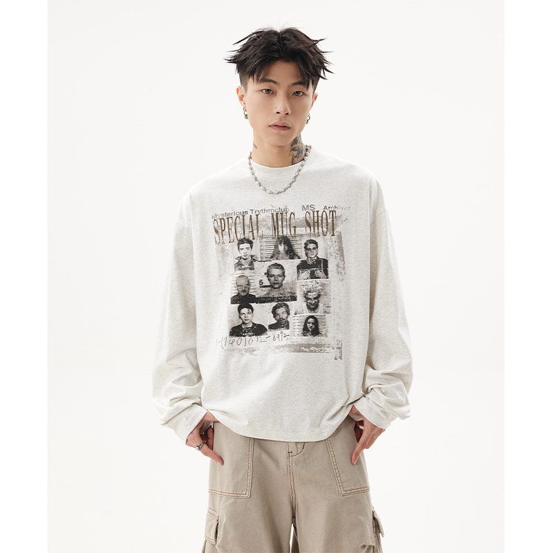 

Acrardic Inner King ~ American Street Portrait Printing Long Sleeves T-shirt Men s Trendy Handsome Bottoming Shirt Clothes Flower Gray XL