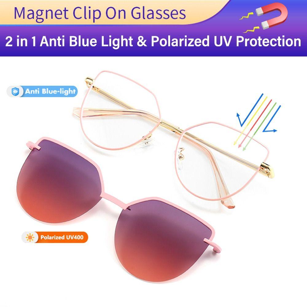 New Fashion 3 In-1 Glasses Metal Frame Cat Eye Anti Blue Light Glasses With 1Pc Magnetic Clip-On Sunglasses Lenses