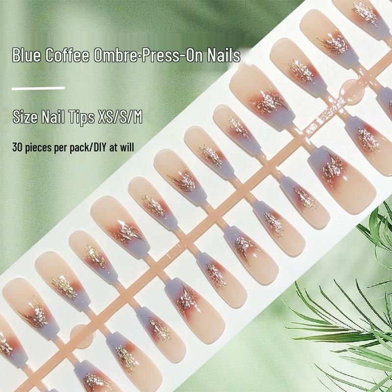 

Gray-Blue Ombre French Gilded Press-On Nails - Autumn Theme, 30 Pieces
