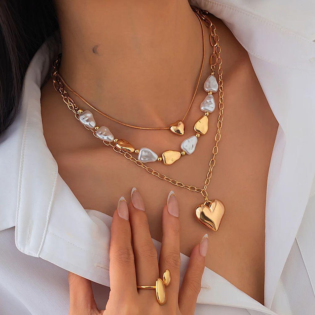 Ingemark 3 stuks/set Boho Imitatie Parel Chokers Kettingen Dames Trendy Metalen Hart Hanger Nek Accessoires 2026 Nieuwjaars Sieraden