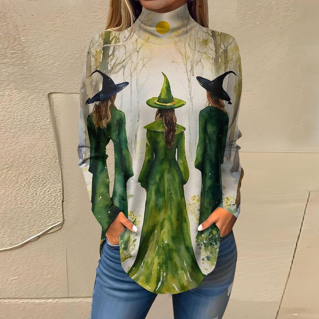 Dam Lös Höghalsad Tryckt Långärmad T-shirt Topp Pullover För Halloween