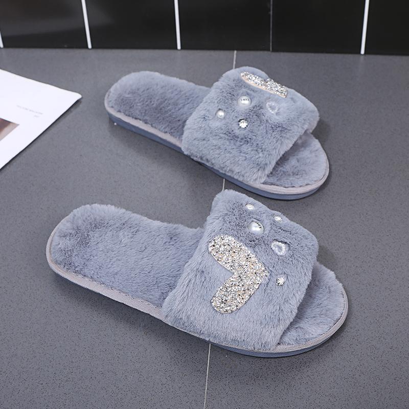 Fashion Light Open Toe Cotton Slippers for Women Elegant Pearls Detor Indoor Cotton Slippers Woman Soft Faux Fur Flats Plush Slides Lady