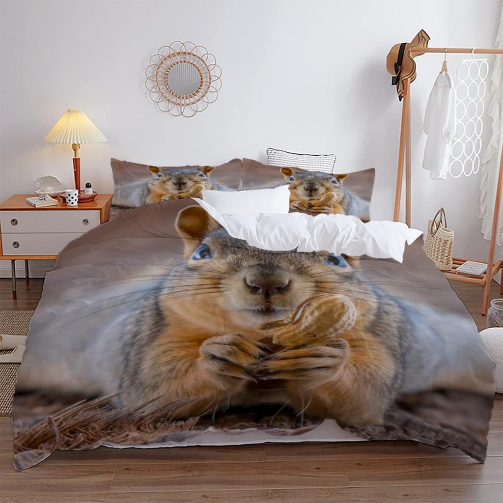 3D Squirrel King Queen Duvet Cover Lovely Animal Bedding Set For Kids Teens Adults Wildlife Green Leaves Soft 2/3pcs Quilt Cover