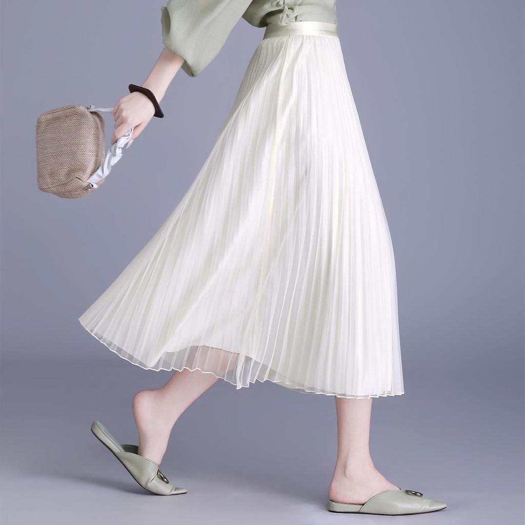 Solid Color High-Waisted Pleated Lurex Mesh Midi Skirt
