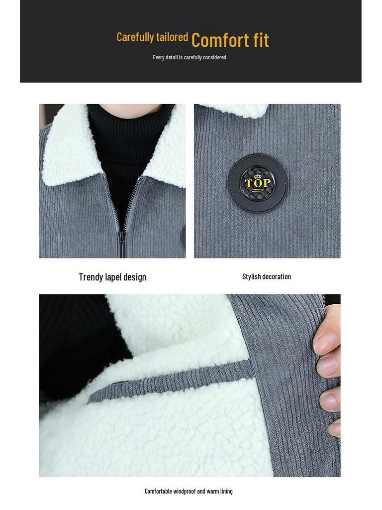 Men's Winter Corduroy Jacket with Lapel and Lamb Wool Collar - Thick and Warm Style