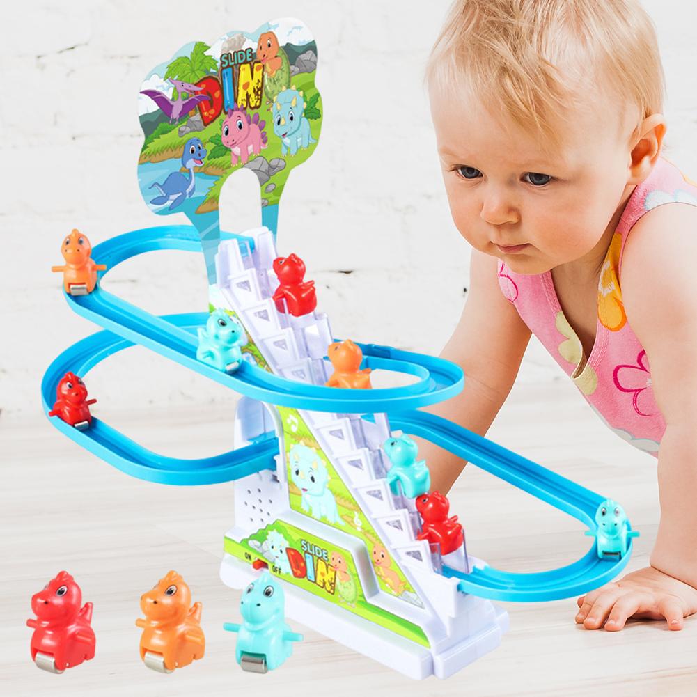 Kids Electric Climbing Stairs Toy DIY Small Penguin Dinosaur Rail Racing Track Music Roller Coaster Duck Toy For Baby Kids Gift