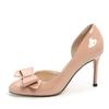 Patent Leather Nude High Heels: Round Toe with Bow, Side Cut, Shallow Mouth, Petite Fit for Women