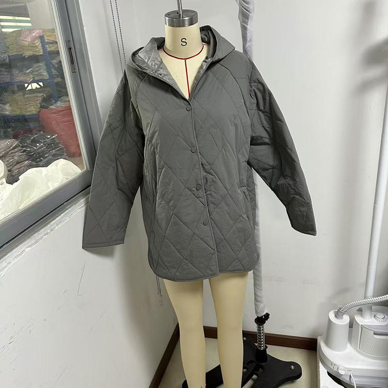 Herbst Winter Mode Jacke Mantel Damen Parkas Lässig Gekräuselter Rand Kapuze Gepolsterter Mantel Gitter Oberbekleidung