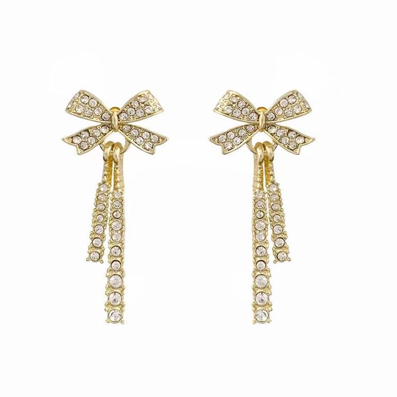 

Korean Style S925 Silver Diamond Bowknot Long Earrings