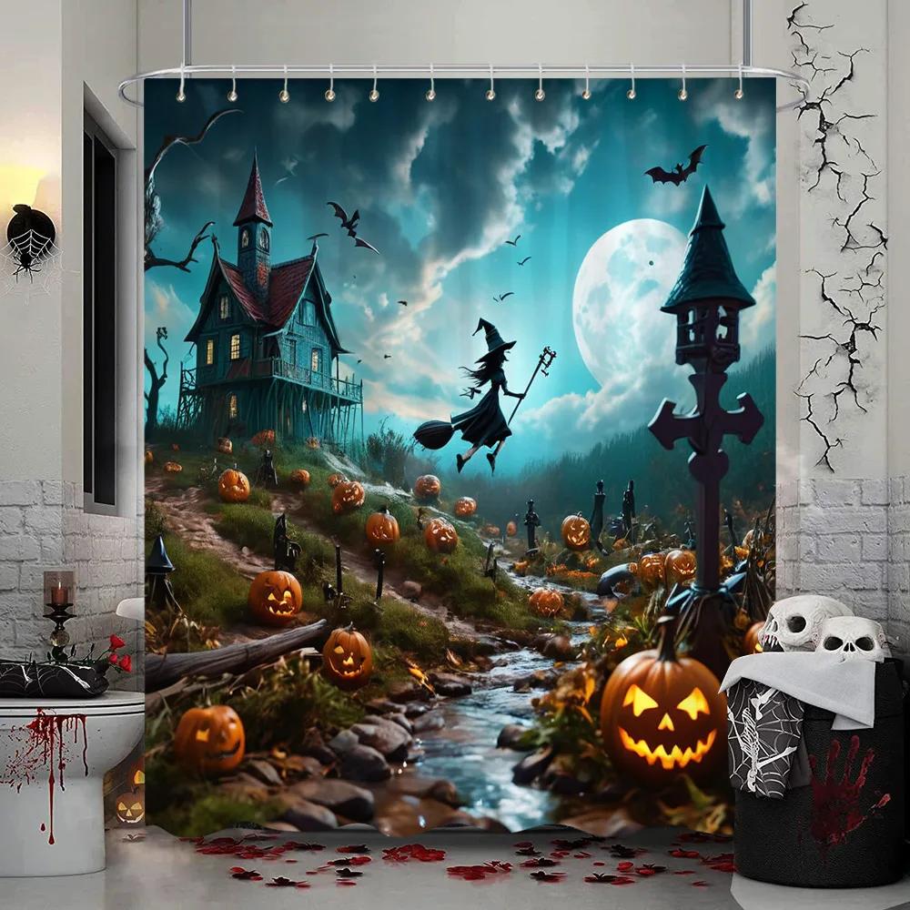 Halloween Shower Curtain Trick or Treat Skeleton Naughty Elf Castle Pumpkin Polyester Shower Curtains Bathroom Decor