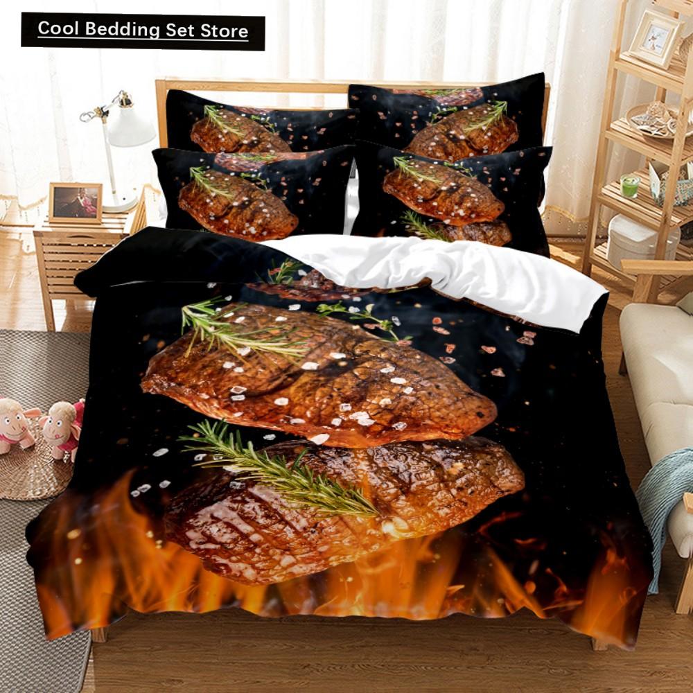Essen Rindfleisch Bettwäsche Set 3D Frisches Fleisch Bettbezug King/Queen Größe Köstliche Meeresfrüchte Sashimi Hähnchenschenkel Steak Realistischer Bettdeckenbezug