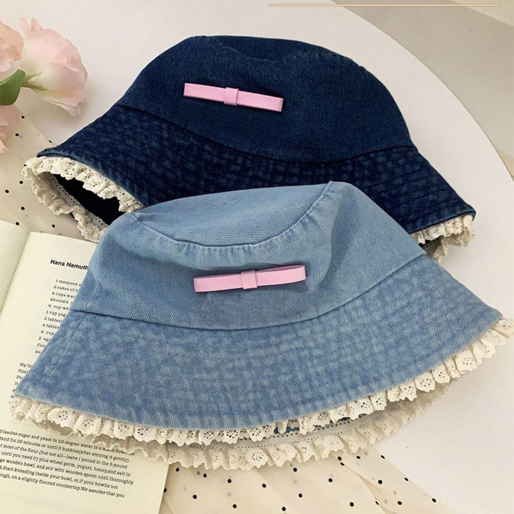 Bow Tie Denim Bucket Hat Big Brimmed Bow Sunscreen Hat Sweet Lace Fisherman Hat  Women
