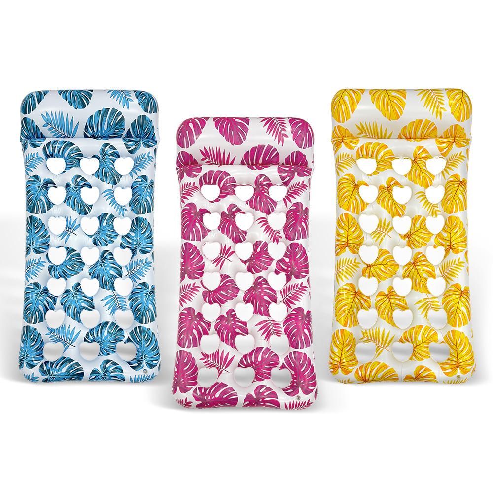 1pc Tropical Leaf Print Inflatable Pool Float Mat, Mesh Hole Water Floating Lounge Bed, for Summer Beach Party
