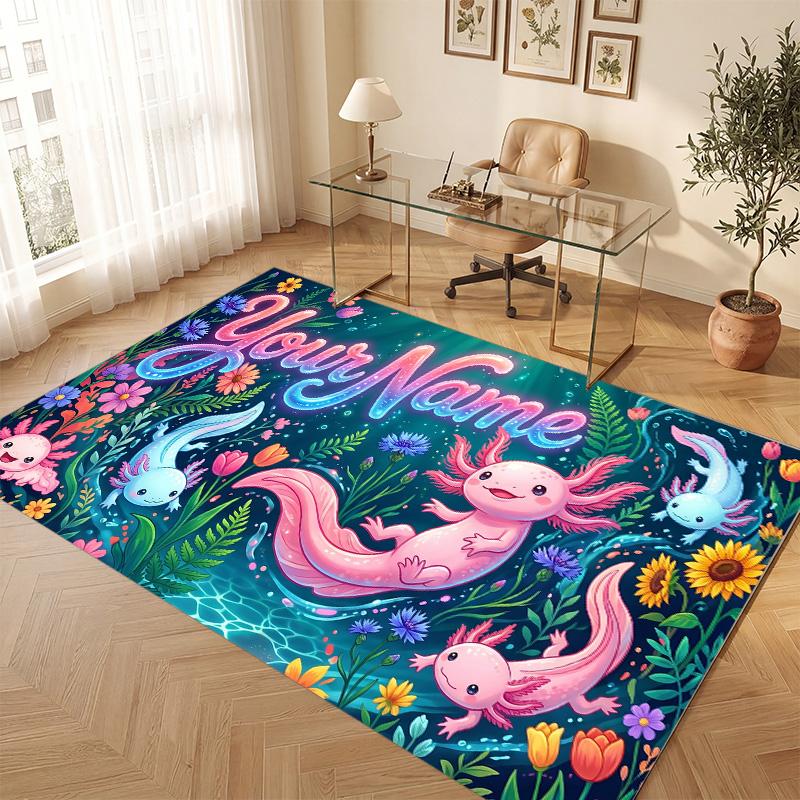 Axolotl Theme Soft Crystal Velvet Rug Custom Name & Text Print Non Slip Floor Rug for Bedroom Living Room
