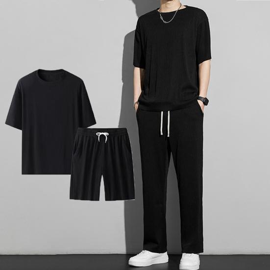 1 Set Men Summer T-shirt Pants Sports Set Round Neck Short Sleeves Pullover Top Drawstring Trousers Two-piece Set Indoor Outdoor Loose