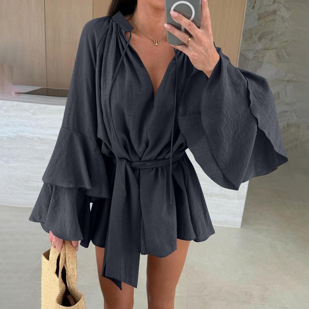 Women's Fashionable Solid Color V-neck Irregular Lace Long Sleeved Loose Top