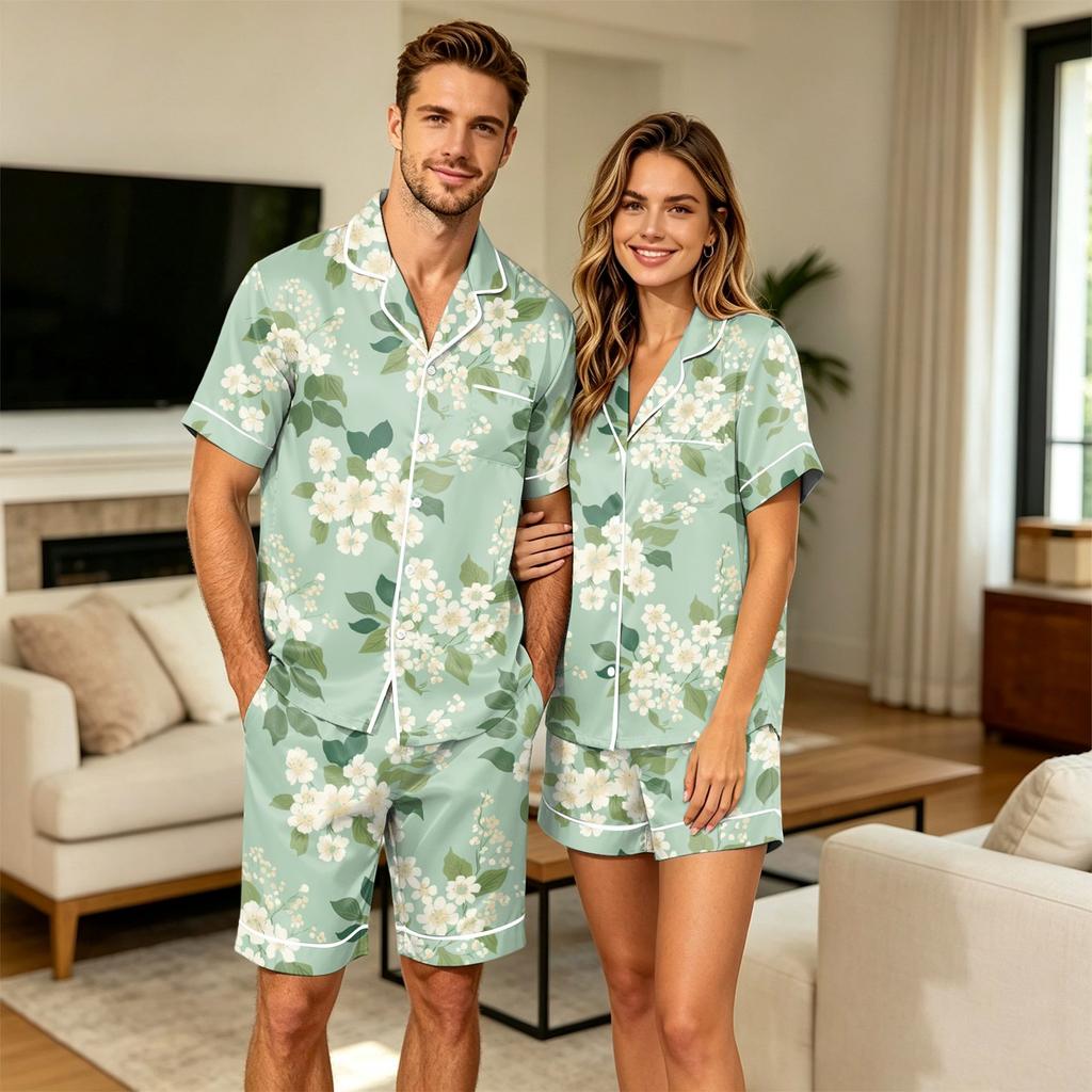 Herenbloemenprint Korte Mouw Pyjamaset met Borstzak voor Casual Slaapkleding en