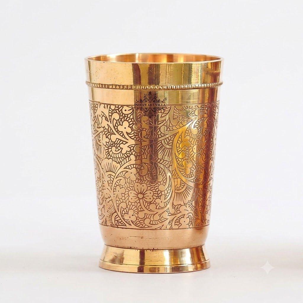 Pure Brass Glass Tumbler with Embossed Design, for Drinking Serving Water, Yoga & Ayurveda, Volume-270 ML, 1 Piece