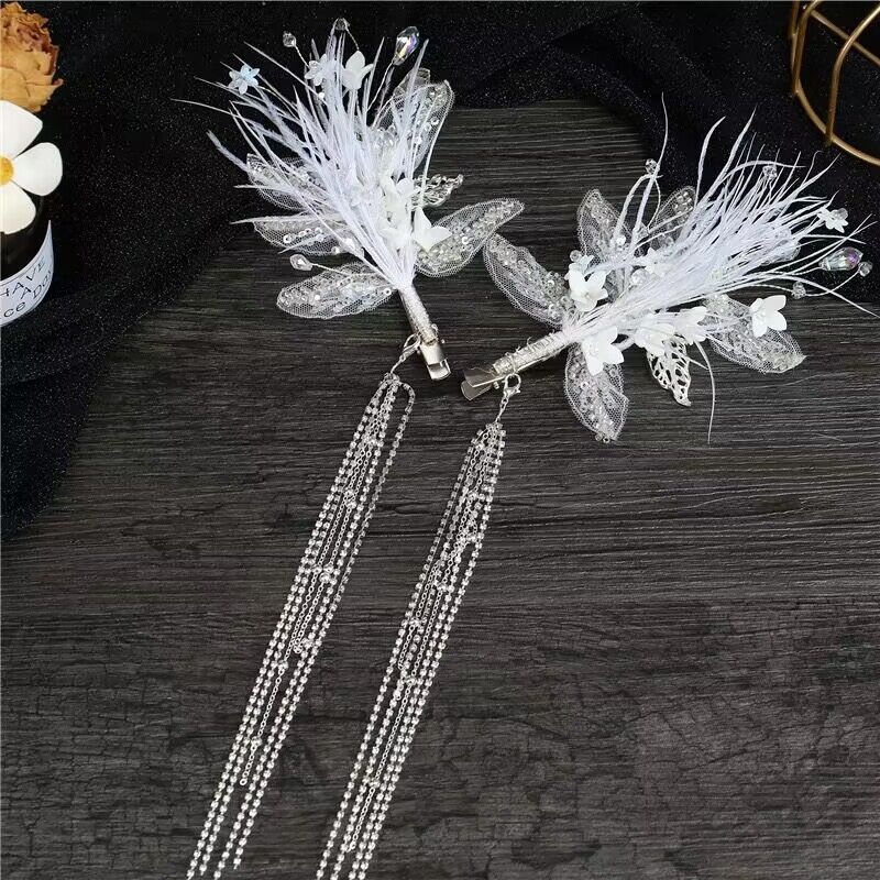 New feather hairpin fairy beauty bridal crystal soft pottery tassel headdress, high-end styling headwear