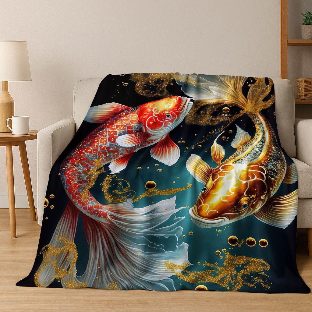 Luxuriöse Glückskarpfen Yin Yang Karpfen Cartoon Flanell Decke, Gemütliche Weiche Überwurfdecke für Zuhause Schlafzimmer Bett Sofa Abdeckung Geschenk Kind