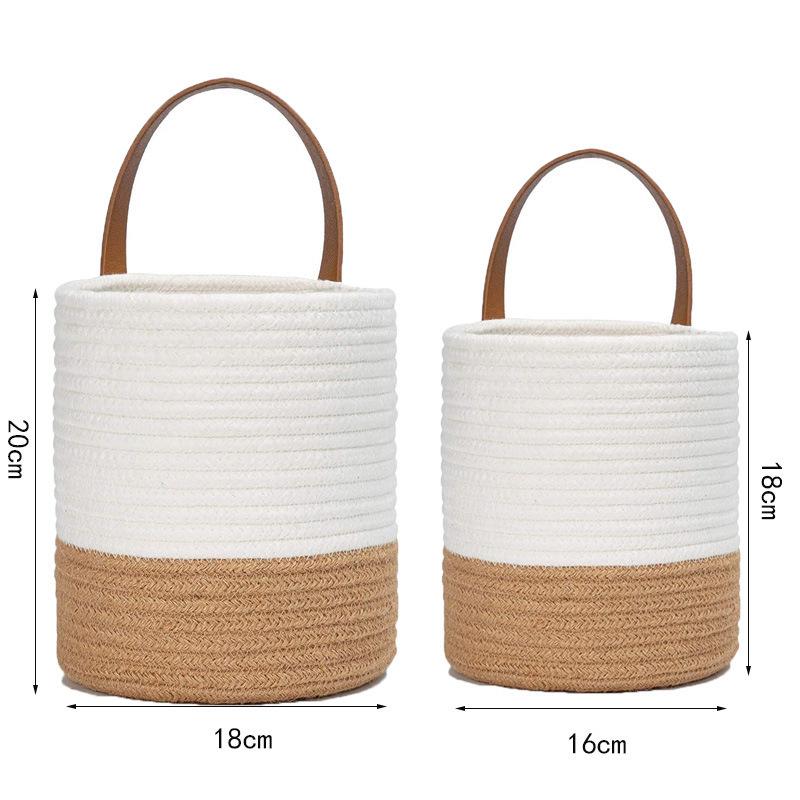 Hanging Cotton Rope Storage Basket Boho Woven Wall Basket with Leather Handle for Plants Towels Toys Rustic Home Decor Organizer