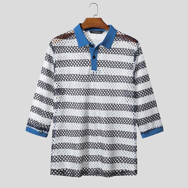 

INCERUN Мужские рубашки с лацканами и полурукавами, с прострочкой, полые, прозрачные, повседневные, свободные, топы 5XL синий