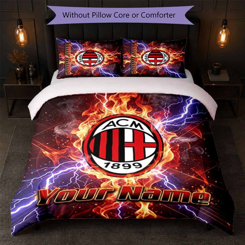Set Biancheria da Letto Personalizzato AC Milan con Nome Testo 1 Copripiumino+2 Federe Logo Calcio Regalo Personalizzato per Occasioni Speciali Decorazione Camera da Letto