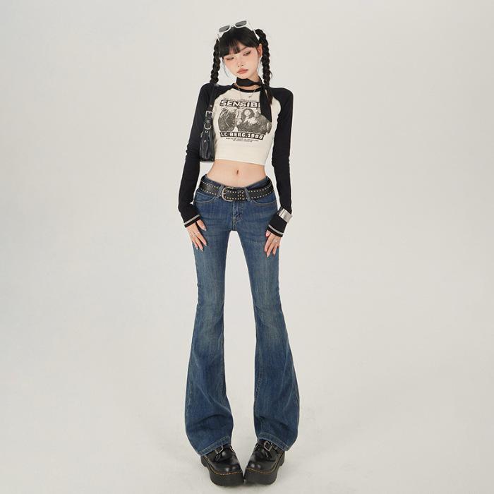American Spice Girl Vintage Low Waist Slim Skinny Versatile Elastic Flared Jeans Women & Trousers Extended