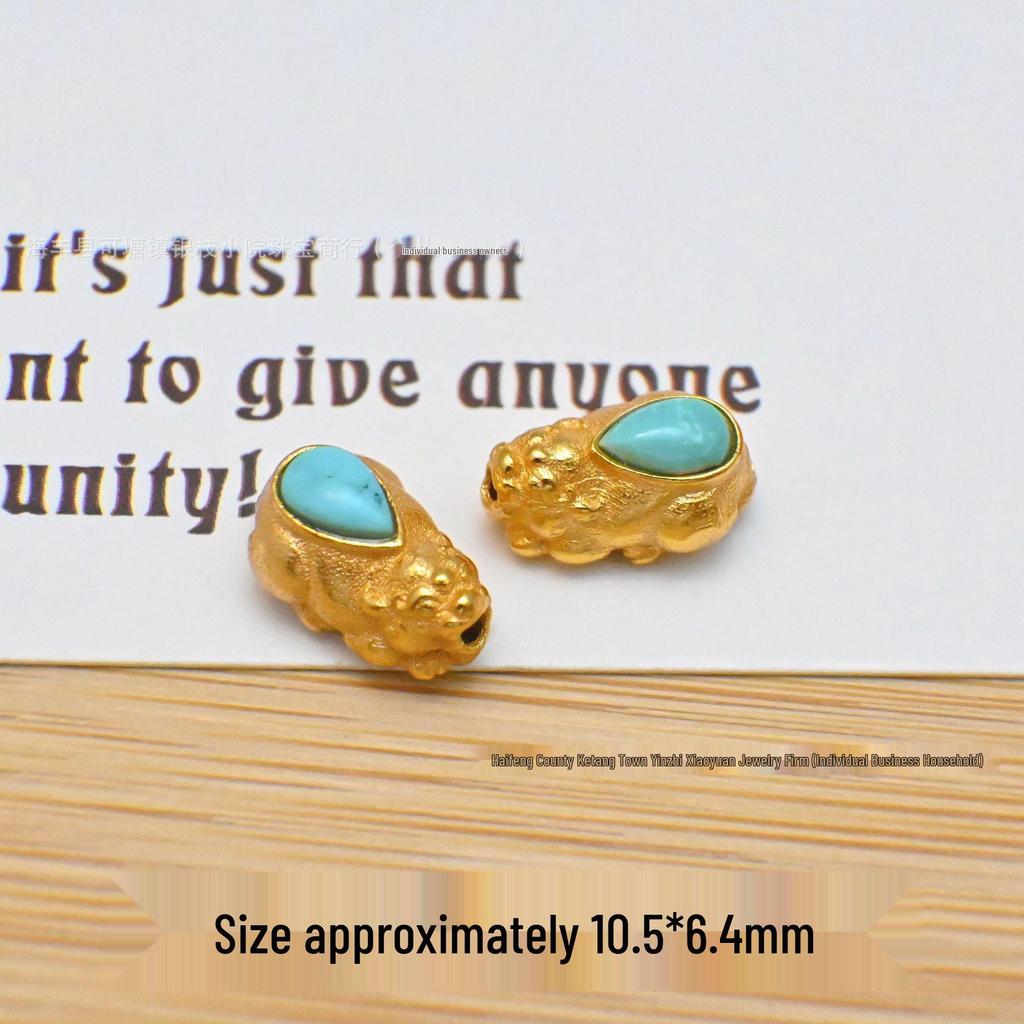 S925 Sterling Silver Gold-Inlaid Raw Turquoise Pendant Spacer Beads