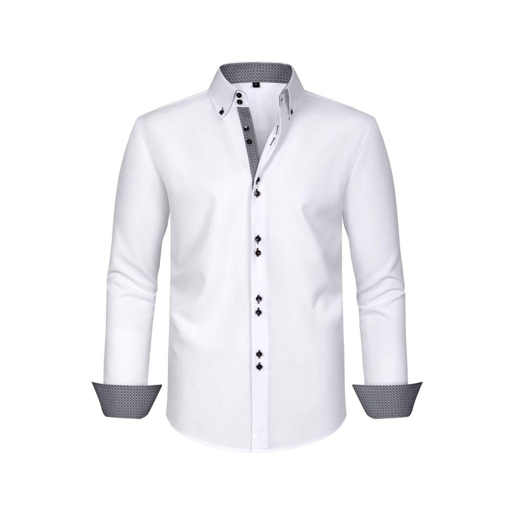 Cross-Border Men's Double-Breasted Polka Dot Color Block Stretch Shirt