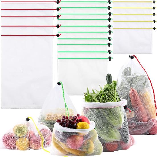 20 Pack Reusable Produce Bags,Mesh Produce Bags Washable,See-Through Vegetables Fruits Bag,Premium Strength Toy Storage Mesh Bags with Drawstring for