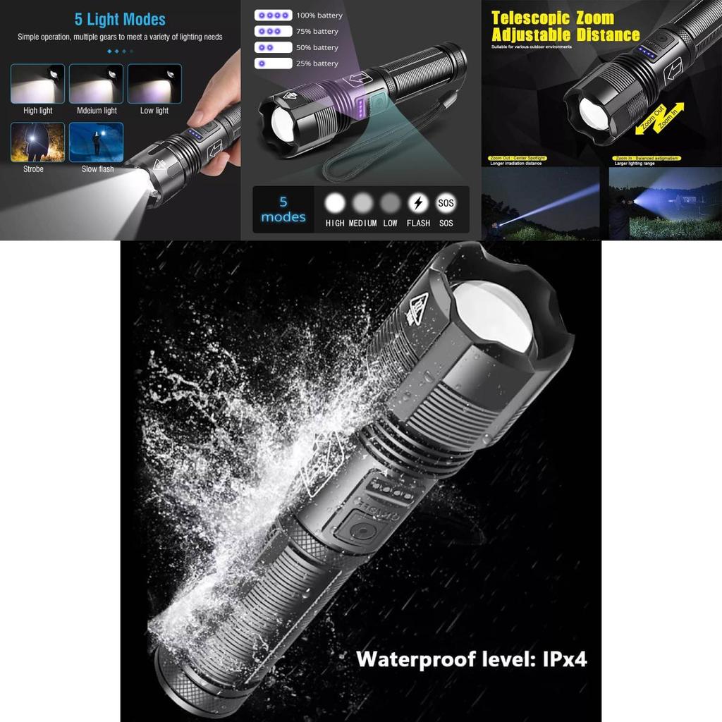 Powerful Xhp50 Led Flashlight With Usb Rechargeable Feature Ideal For Outdoor Camping And Emergency Situations