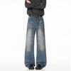 Men's jeans autumn old washed light blue pleated wide legs loose drape American retro trendy trousers