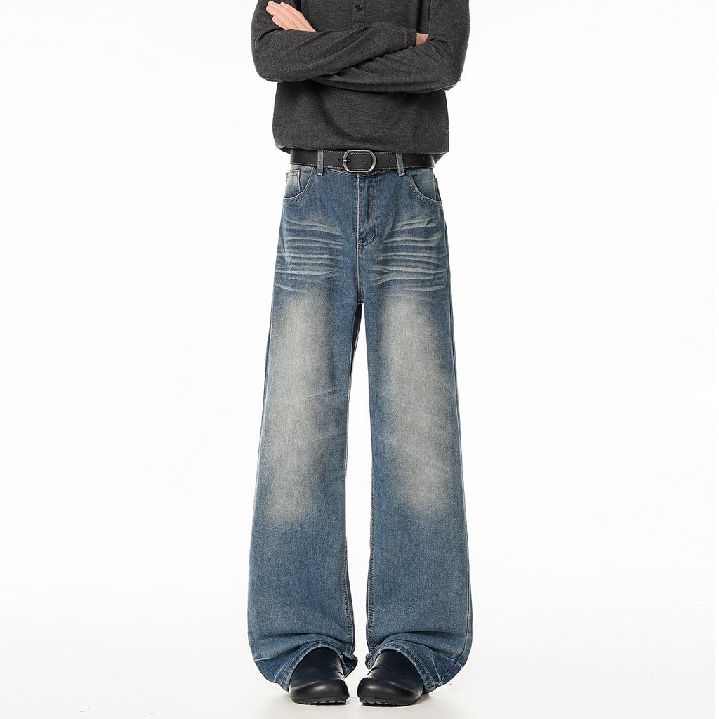 Men's jeans autumn old washed light blue pleated wide legs loose drape American retro trendy trousers