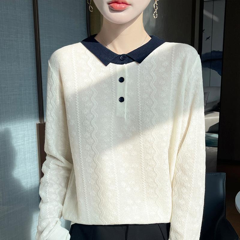 New Spring Autumn New Style Jacquard Knit Undershirt Inner Top Contrast Color Lapel Fashionable Women's Pullover Sweater