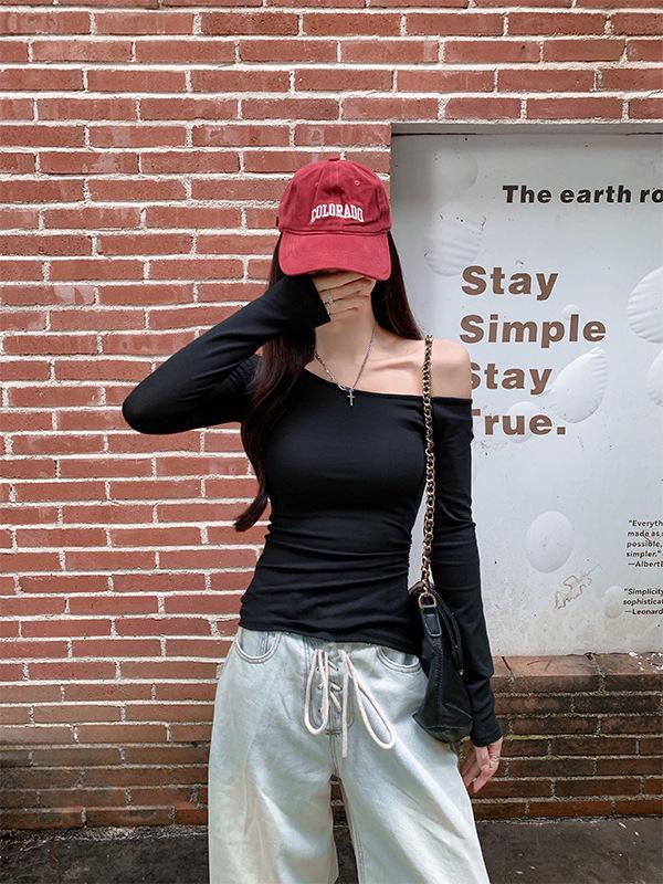 Women's 180g Ribbed Ice Silk Off-the-Shoulder Long Sleeve Top - Autumn Slim Fit, Pure Desire Style